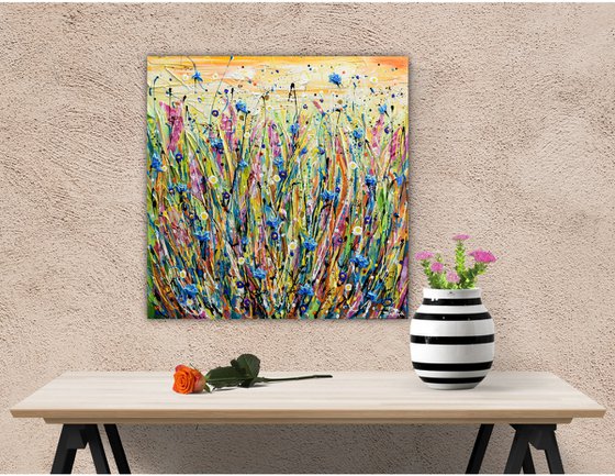 Cornflower Meadow - Abstract Floral Painting, Wildflower Field Textured Wall Art