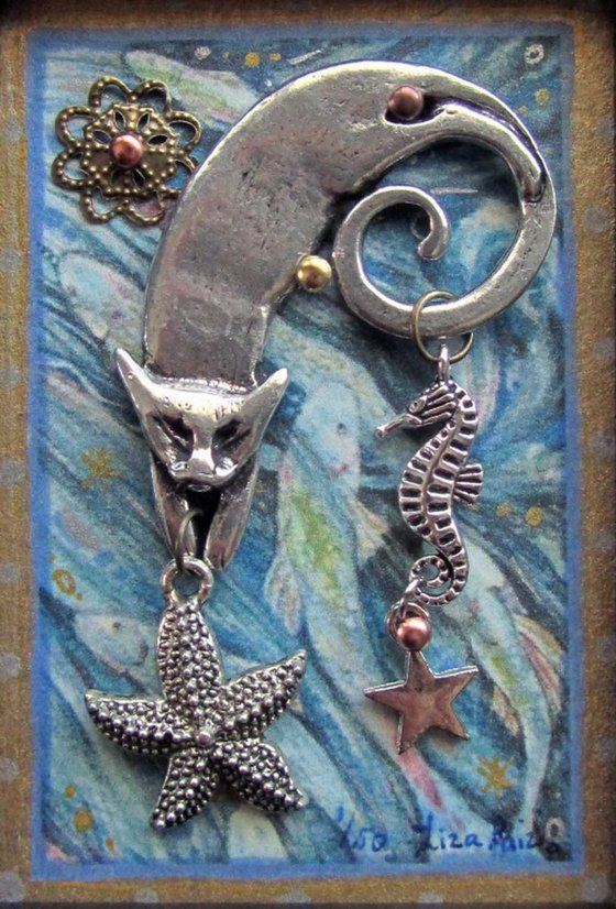 Cat Fish Dreaming pewter Cat sculpture mixed media assemblage Limited Edition Cat art