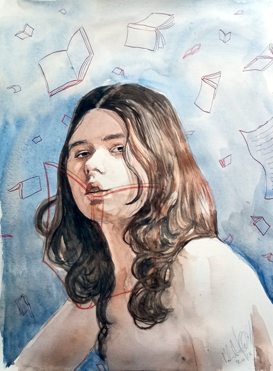 Illustrative Portrait Ink Drawing By Paolo Beneforti, 9 X 13", Reading Girl, Original Artwork