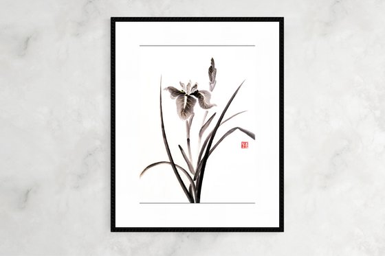 Black Monochromatic Ink Iris - Oriental Chinese Ink Painting