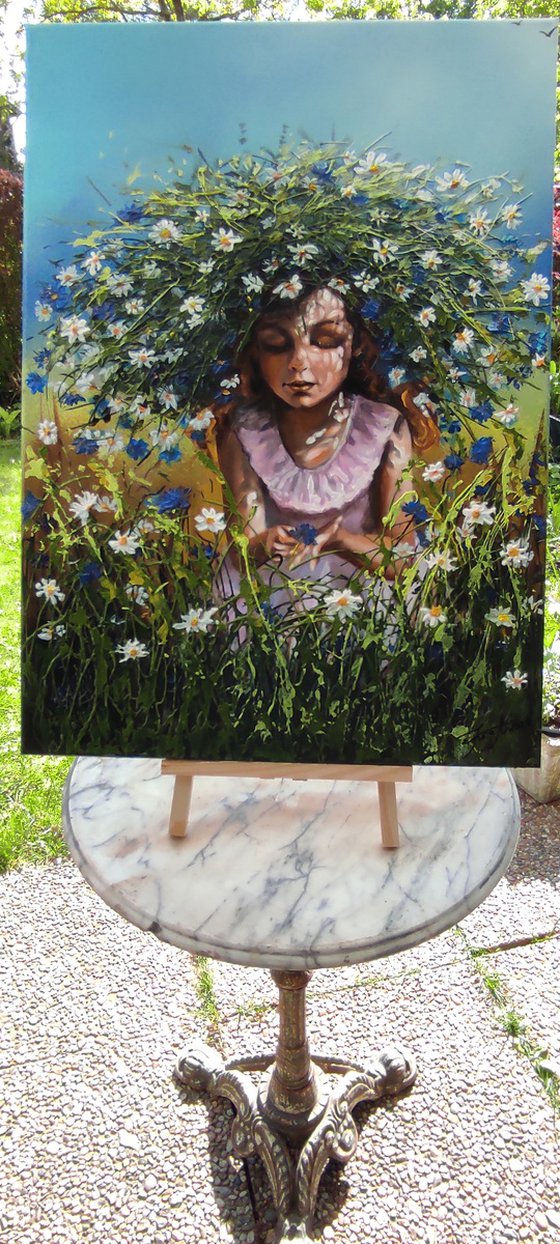 "Summer in a wreath"Original oil and acryl painting on canvas,large format 100x100x3 cm