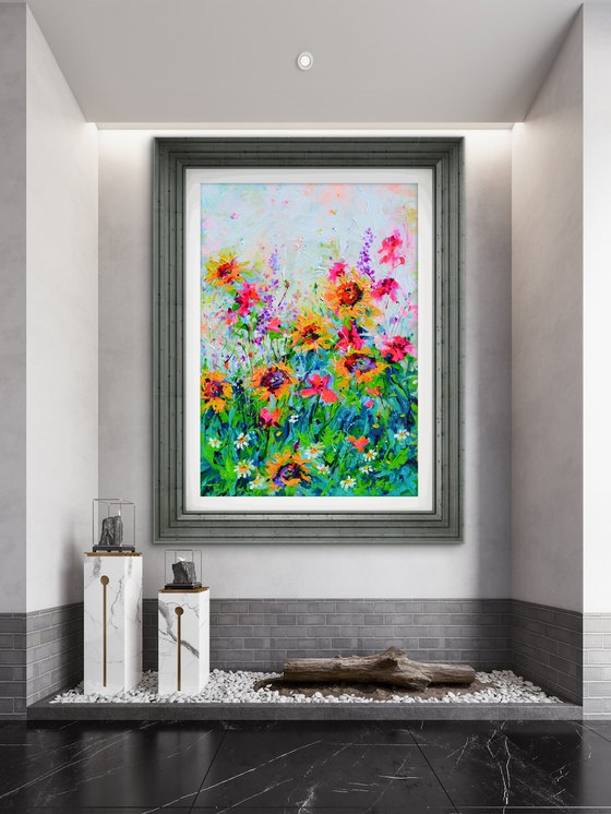 Vibrant Sunflowers and Poppies Landscape