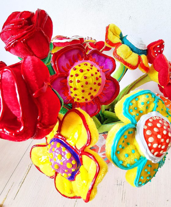 Plush velvet flowers in vase