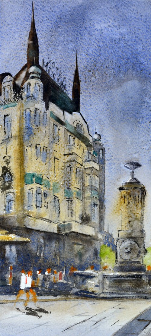 Another day before Hotel Moskva Terazije Belgrade 17x36 cm 2022 by Nenad Kojić watercolorist
