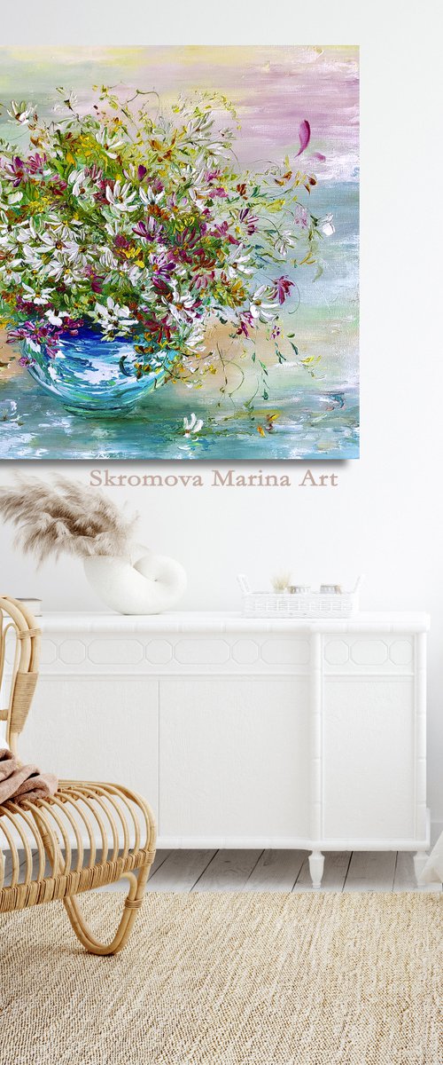 FLOWER SALUTE - Magic still life. Big bouquet. Vase with daisies. Rainbow background. Original. Aesthetics. Warm shades. by Marina Skromova