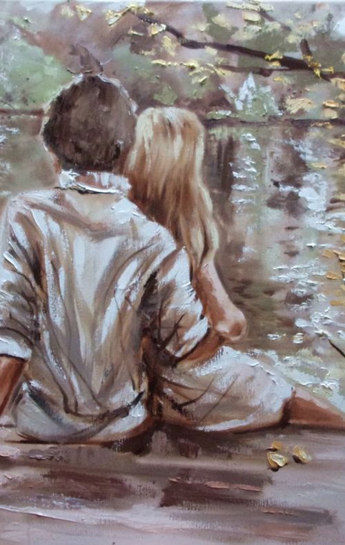 COMMISSION " OUR SECRET PLACES ...I "- 90 x 60 cm AUTUMN LAKE SKY liGHt  valentines day couple ORIGINAL OIL PAINTING, GIFT, PALETTE KNIFE by Monika Luniak