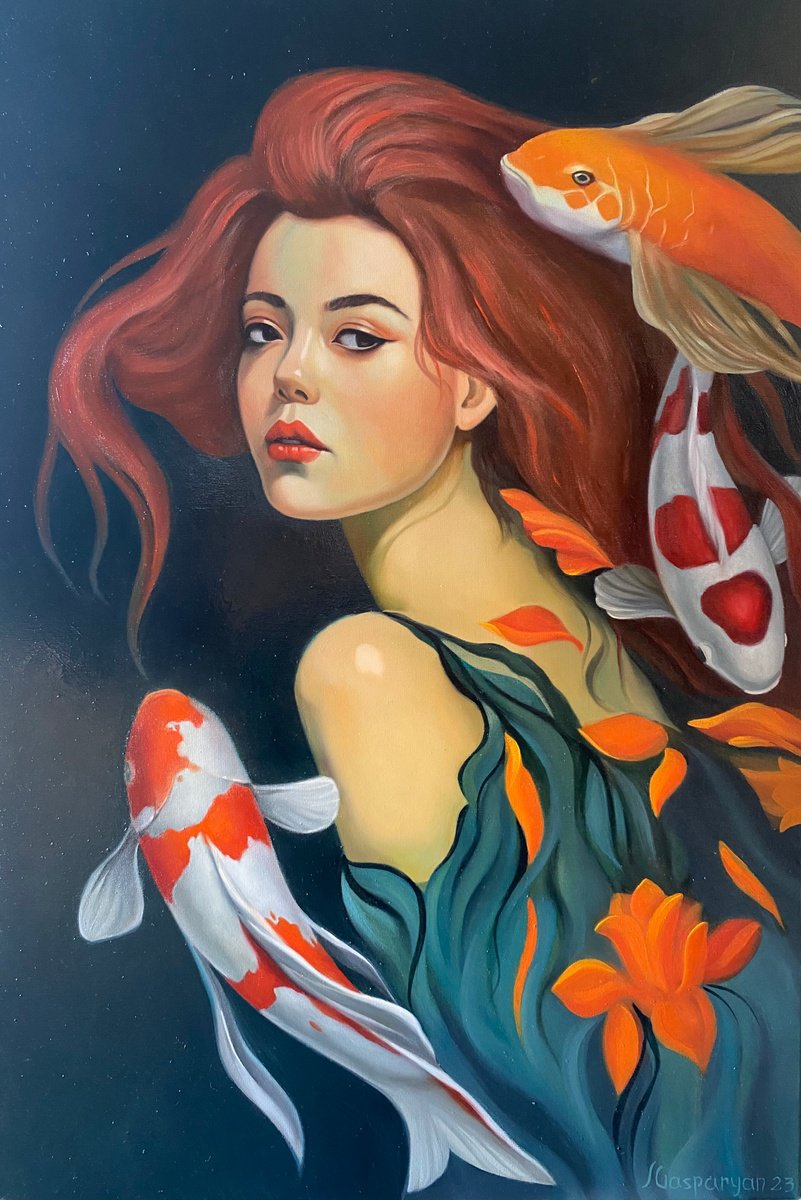 Photorealistic Still Life Oil Painting By Ara Gasparian, 16 X 24, Portrait With Koi Fishes, Original Artwork