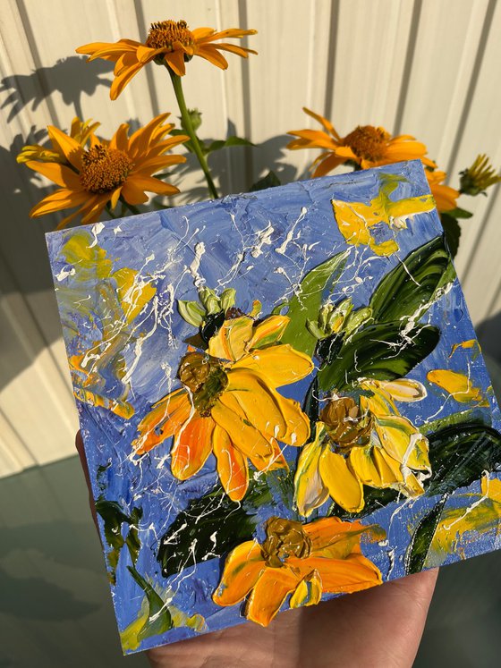 Rudbeckia Painting Floral Original Art Daisy Oil Impasto Artwork Flowers Home Wall Art 6 by 6" by Halyna Kirichenko