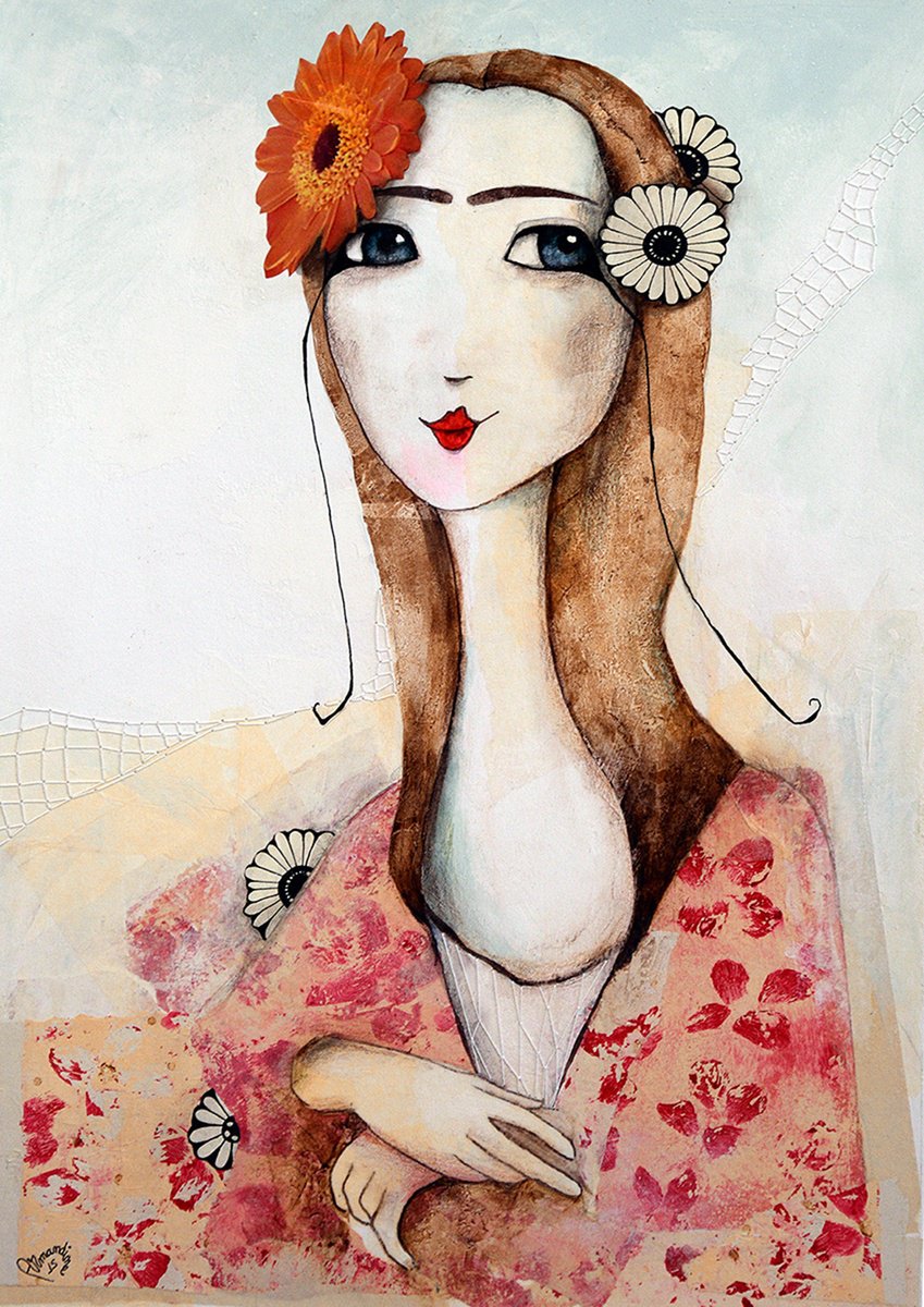 Illustrative Portrait Painting By Armandine Js, 12 X 17, Mona Frida # 1, Original Artwork