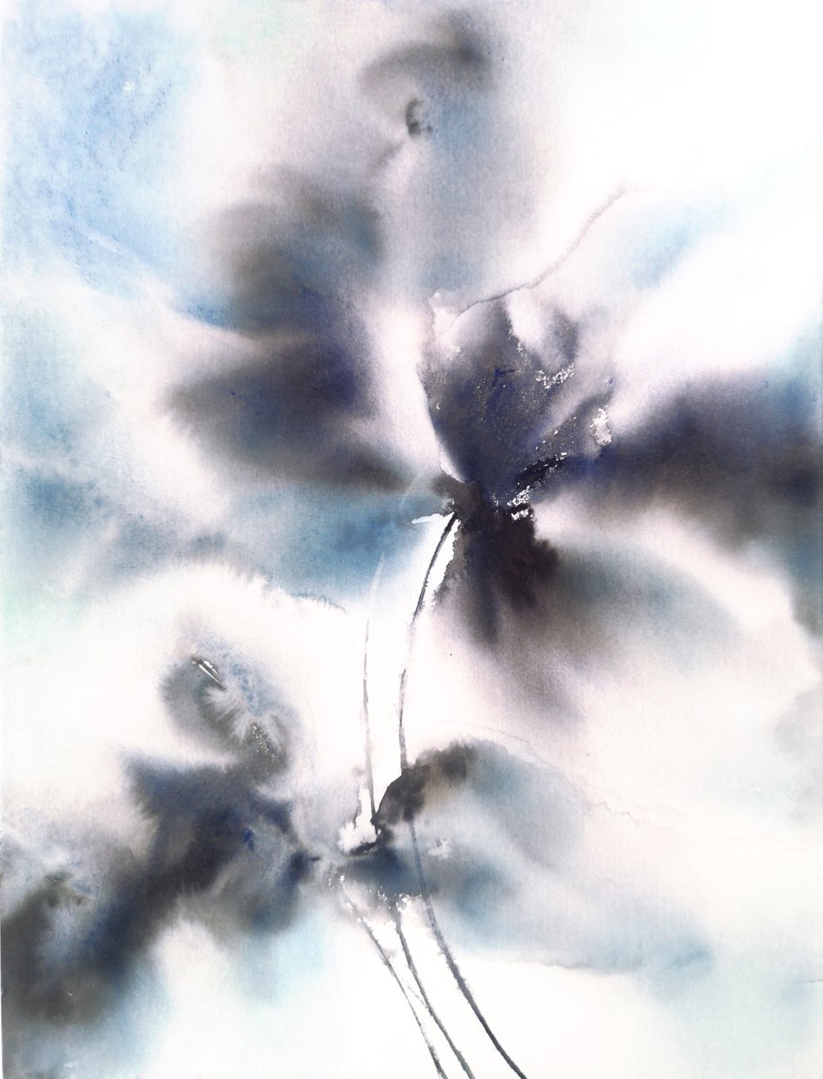Dark blue abstract flowers by Olya Grigo