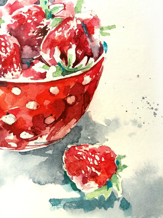 Watercolor sketch "Bowl with strawberries" - series "Artist's Diary "