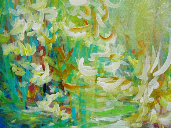 Abstract Forest Pond Painting. Floral Garden. Abstract Tropical Flowers and Birds. Original Blue Green Teal Painting on Canvas Modern Art (2021)