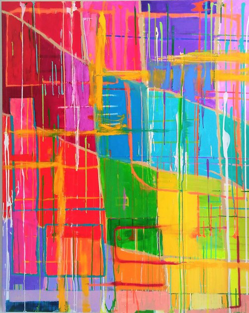 LARGE ABSTRACT COLORFUL INTERIOR DESIGN COMMERCIAL DECOR OFFICE RESTAURANT OVERSIZED COLORBLOCK "Rainbow Drip 101" 48" X 60" by Carrie White