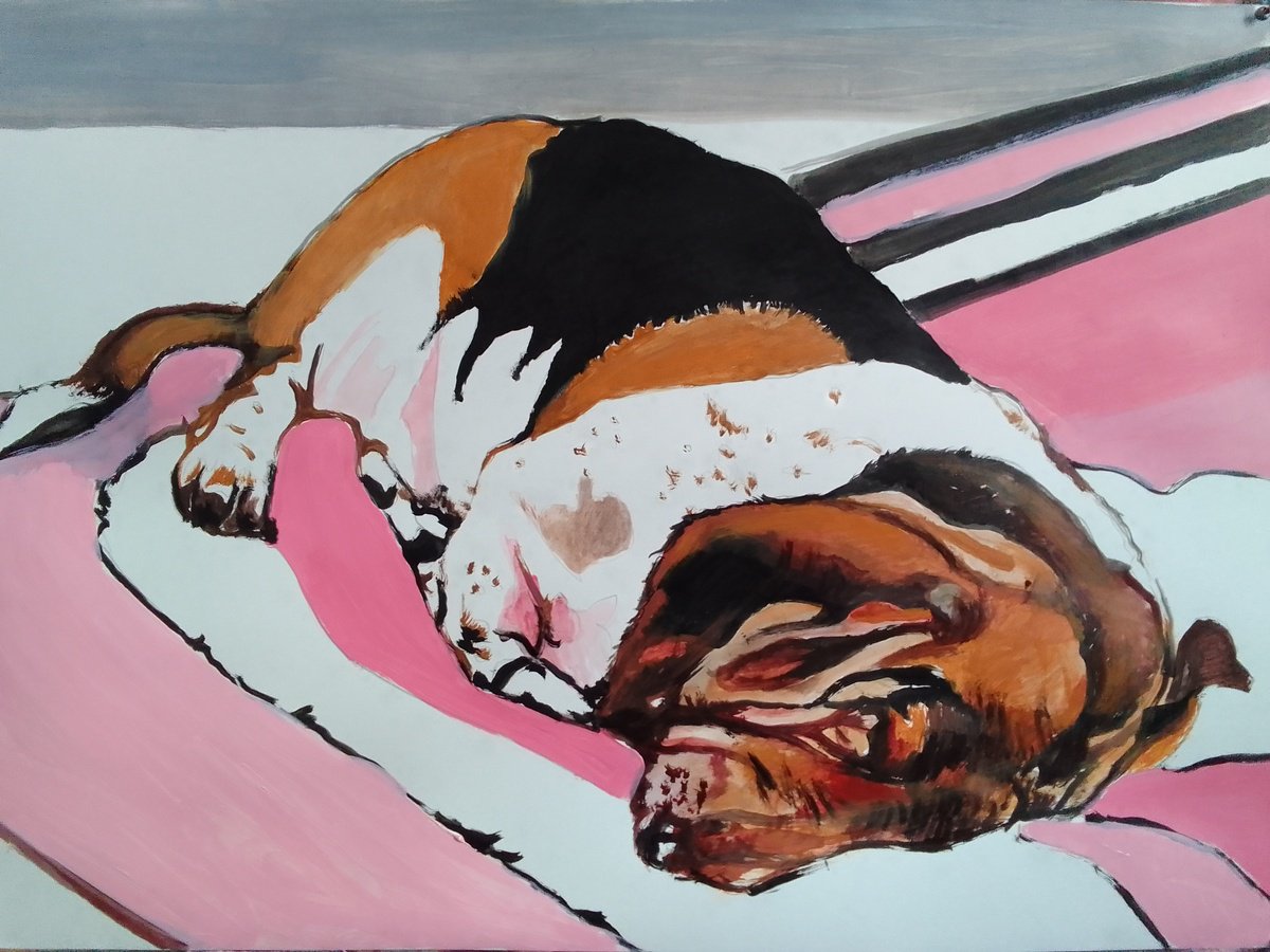 Photorealistic Animal Acrylic Painting By Soso Kumsiashvili, 33 X 24", Bassethound, Original Artwork