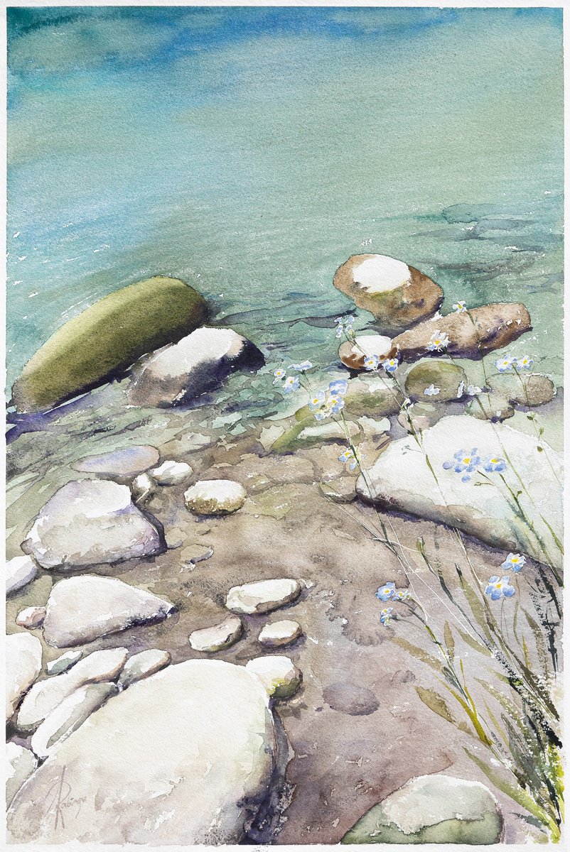 Landscape Watercolour By Andrzej Rabiega, 15 X 22, Poprad River Shore, Original Artwork