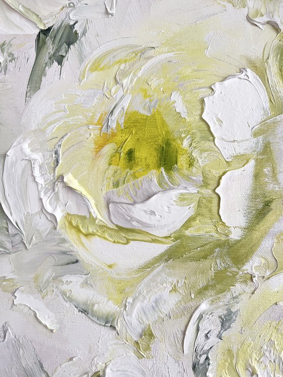 Yellow texture peony painting. White peonies art.