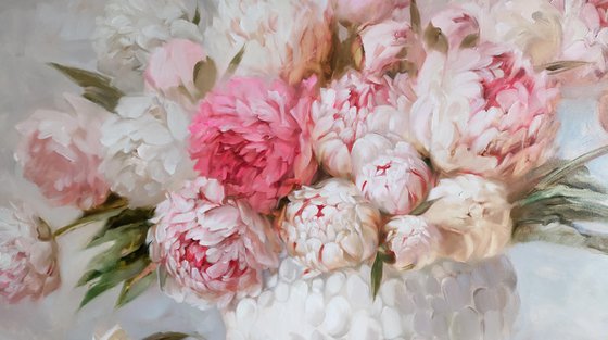 Peony painting, Extra Large floral oil paintings on canvas l, Peony flowers in white vase painting, Wide canvas wall art