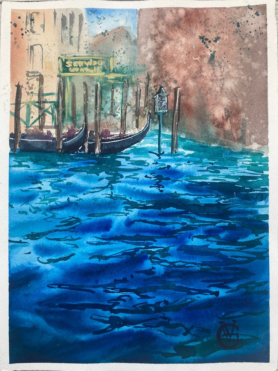 Impressionistic Landscape Watercolour By Valeria Golovenkina, 9 X 12", Servizo Gondole, Original Artwork