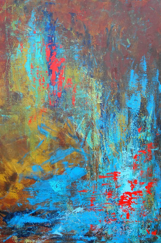 Large Blue Brown Red Abstract Landscape Painting. Modern Textured Art. Abstract. 61x91cm.