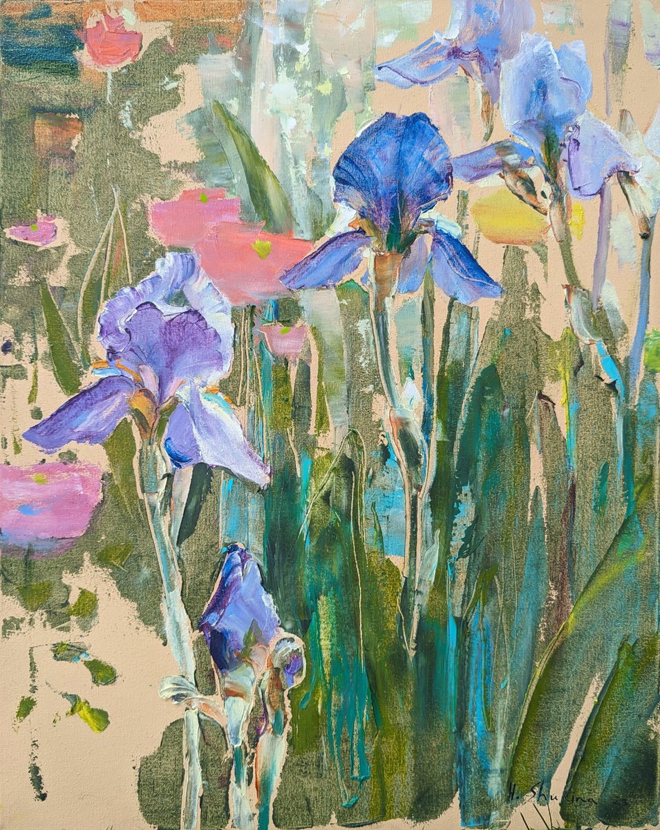 Impressionistic Botanical Oil Painting By Helen Shukina, 16 X 20, Irises In Sun Rays, Original Artwork