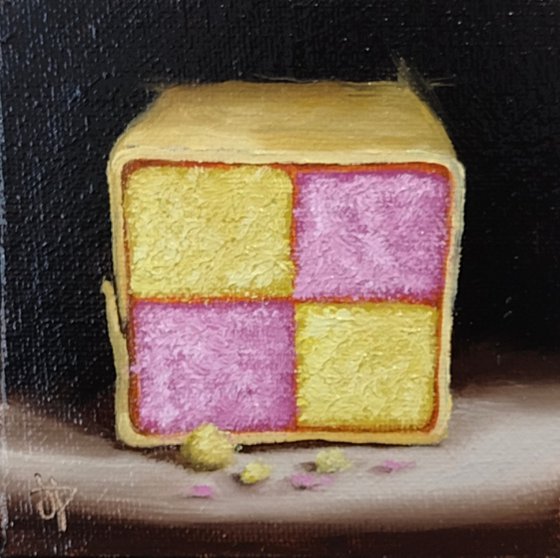 Little Battenberg cake slice still life