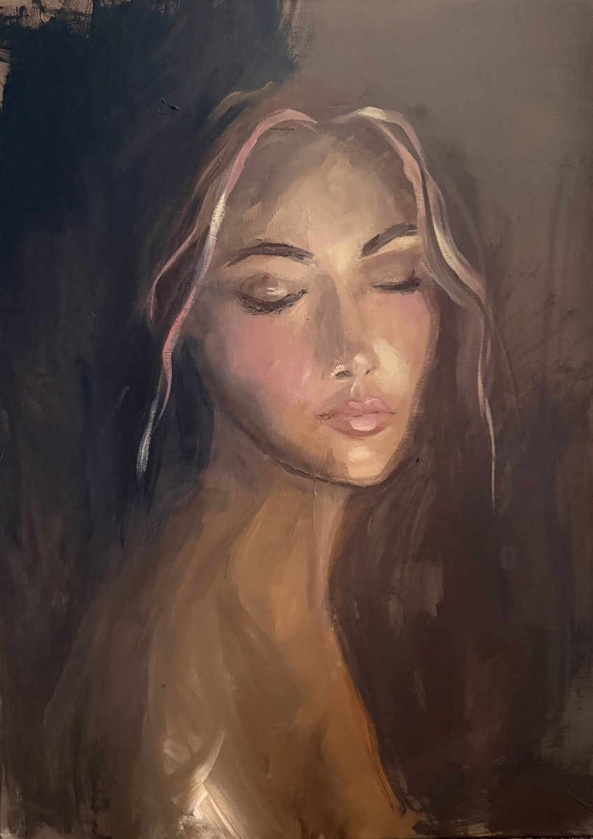 Expressive Portrait Oil Painting By Tamara Andjus, 20 X 28", Rose Im Licht, Original Artwork