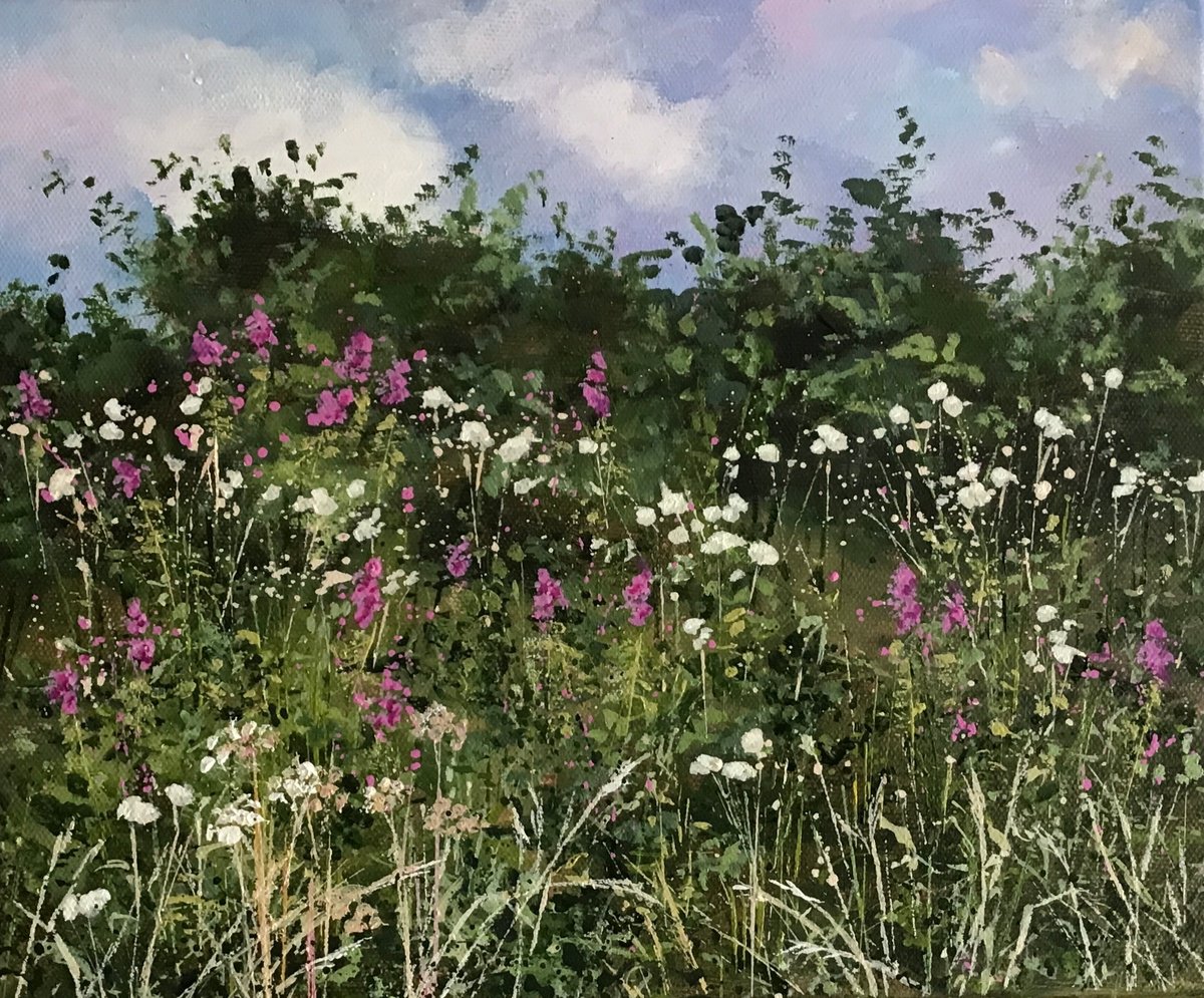 Impressionistic Landscape Acrylic Painting By Valerie Jobes, 12 X 10", Summer Hedgerow, Original Artwork