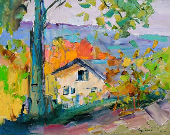 House in the mountains . Autumn garden, rest . Original oil painting