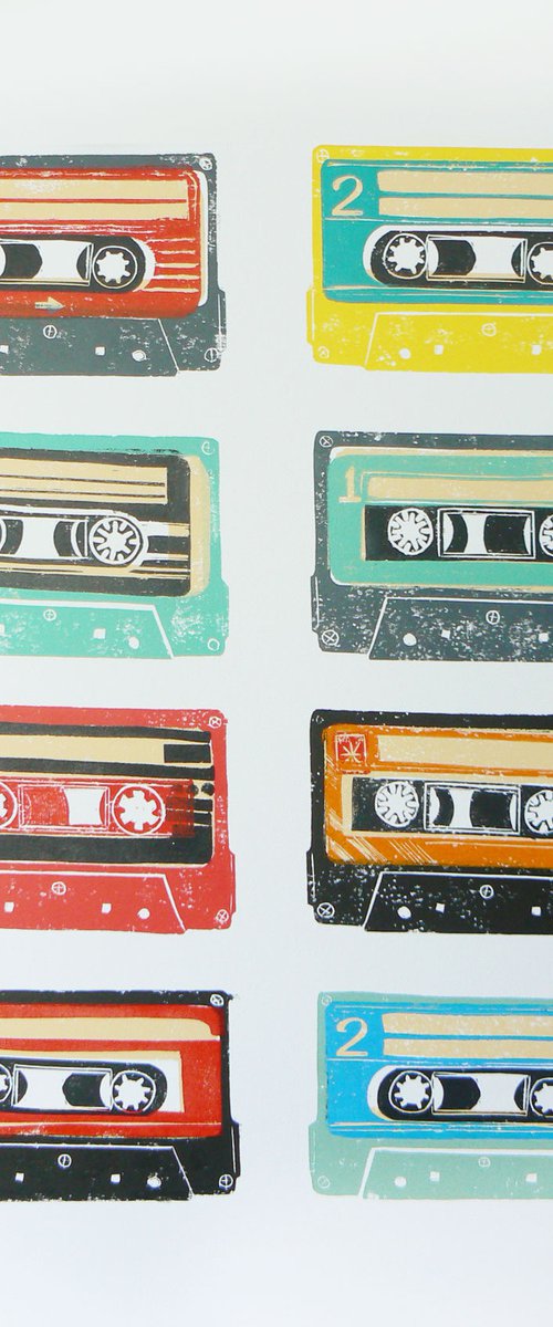 Linocut tapes #21 (cassette tapes, retro music, 70's, 80's rock culture) by Carolynne Coulson