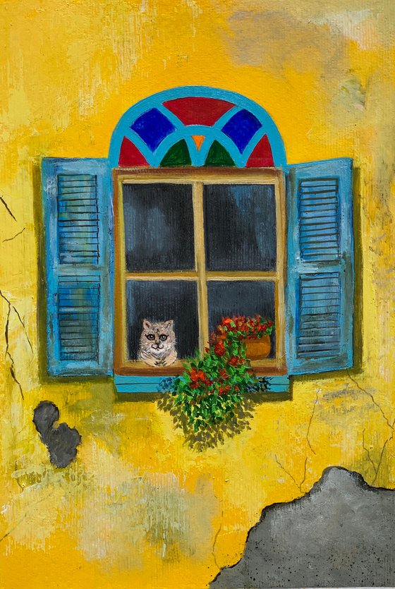 Yellow wall ! Old wall, rustic wall, cat in window! A4 size Painting on paper