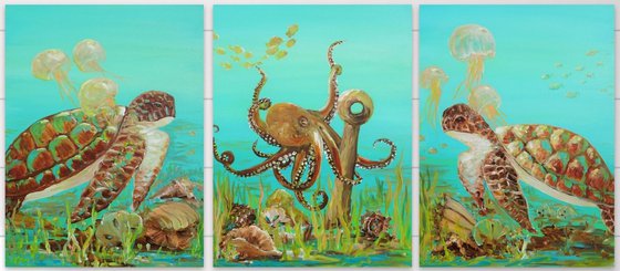 Triptych Sea Turtle, Octopus, Jellyfish Acrylic Painting on Canvas  (61 x 137cm). Sea Life Modern Art. Ocean Original Painting on Canvas.