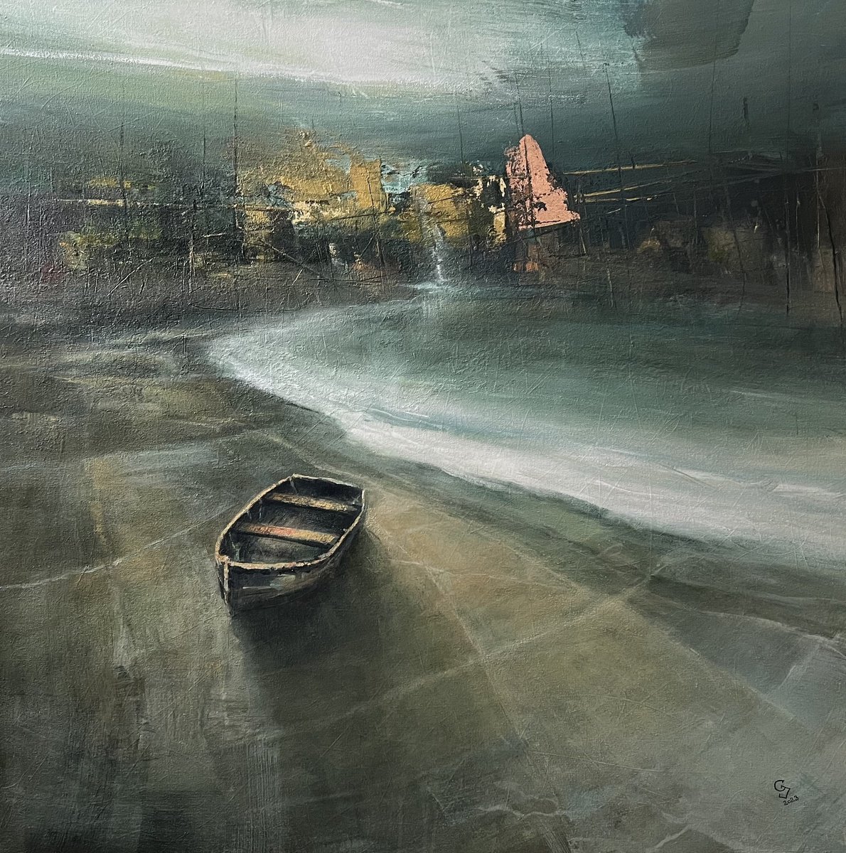 Abstract Landscape Oil Painting By Ivan Grozdanovski, 39 X 39, Harbor Of Destroyed Dreams, Original Artwork