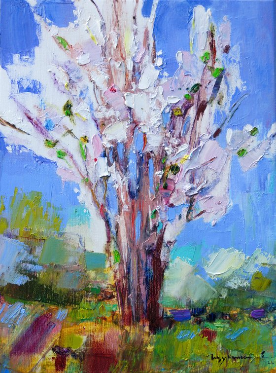 Flowering cherry tree. Original oil painting