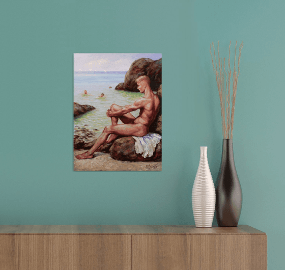 BATHERS - Nostalgic Seascape: Handmade Artwork, Original Painting Capturing a Beautiful Day by the Seashore with Three Friends.