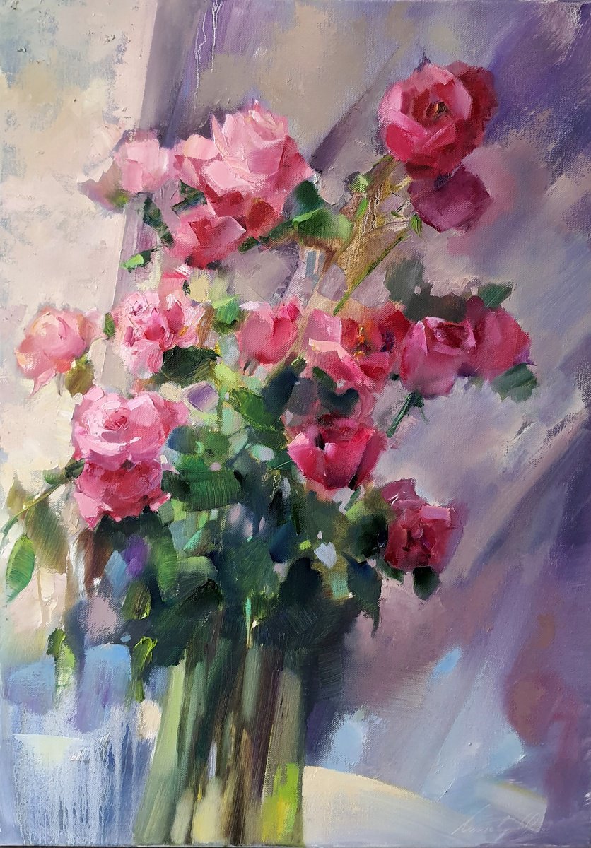 Impressionistic Botanical Oil Painting By Olha Laptieva, 20 X 28", Roses For Birthday, Original Artwork