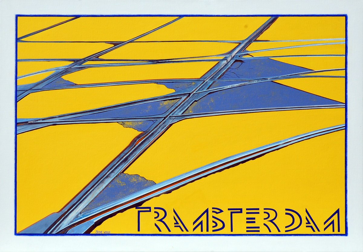 Cityscapes Acrylic Painting By Steve White, 39 X 28", Tramsterdam, Original Artwork