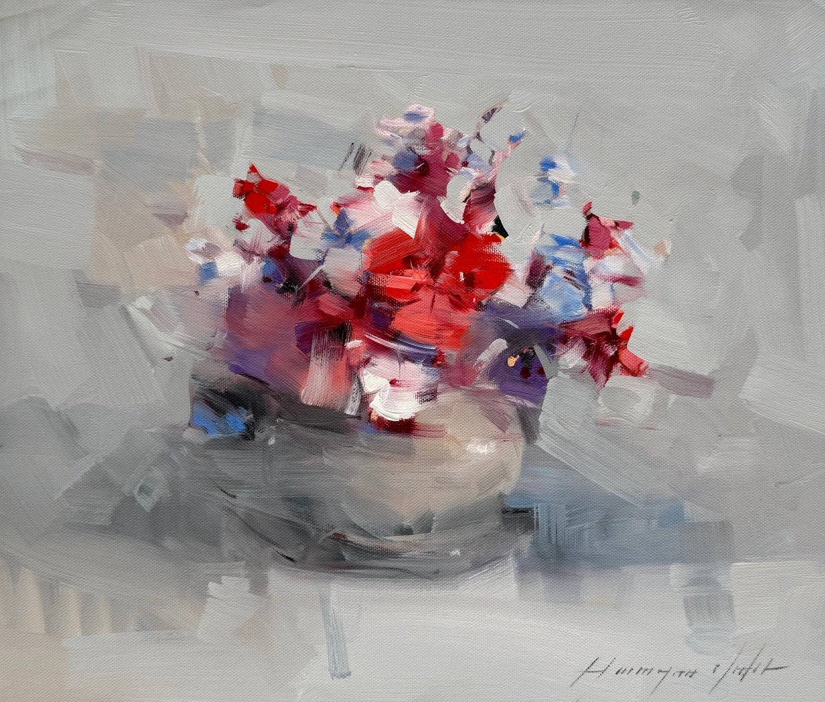 Impressionistic Botanical Oil Painting By Vahe Yeremyan, 14 X 12", Pansies, Original Artwork