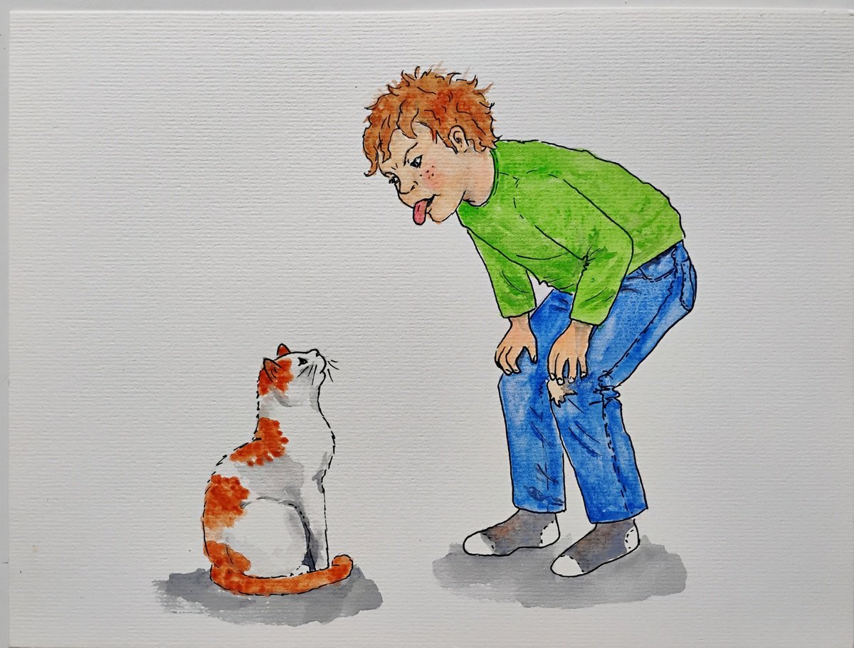 Drawing , Cat And His Boy By Marjansart, 12 X 9, Artwork For Sale On Artfinder