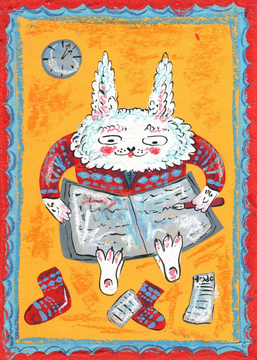 White bunny with a book by Anna Onikiienko