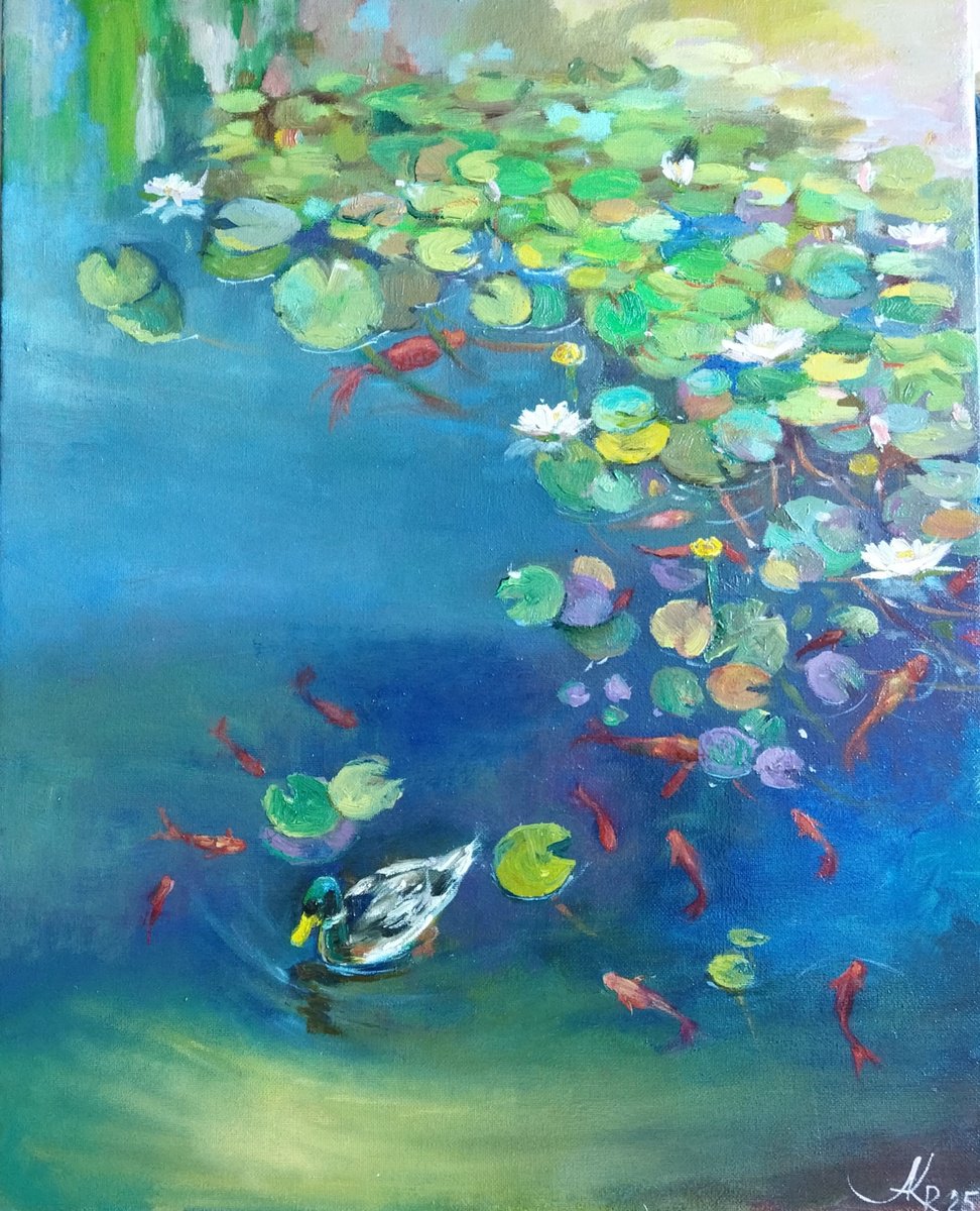 Impressionistic Landscape Oil Painting By Ann Krasikova, 16 X 20, Vibrant Pond Landscape, Original Artwork