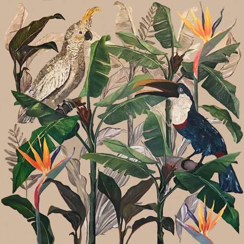 Jungle Light N°4 - Cockatoo and Touchan Fern - Tropical - Art-Deco - Organic Floral, Large painting by Artemisia