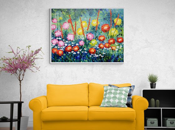 Red pink white white flowers painting original