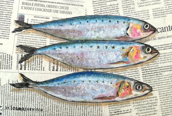 "Mackerels on Newspaper" Original Oil on Canvas Board Painting 12 by 8 inches (30x20 cm)
