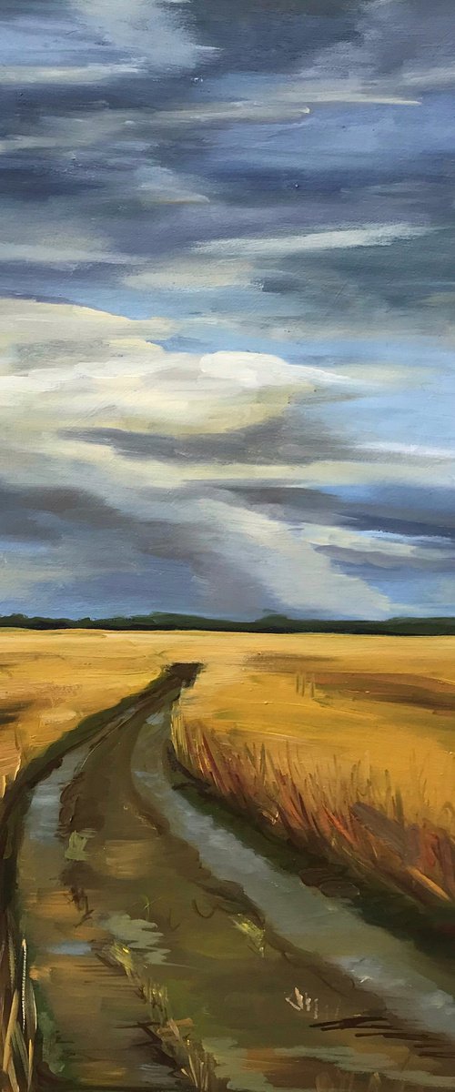 Landscape Original Oil Painting “Way back home in a rainy day” nature, village road 27.5х39cm by Leysan Khasanova