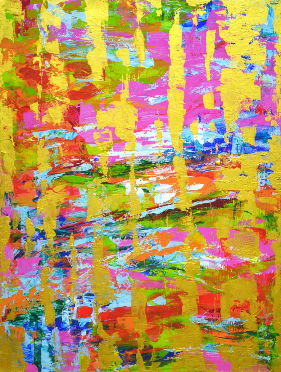 Expressive Abstract Acrylic Painting By Iryna Kastsova, 24 X 31, Expression With Gold., Original Artwork