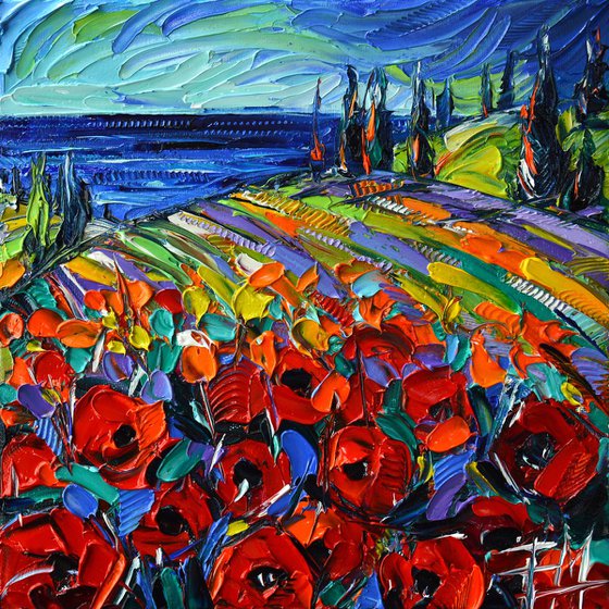 POPPYSCAPE ETUDE original oil painting 20x20cm handmade by Mona Edulesco