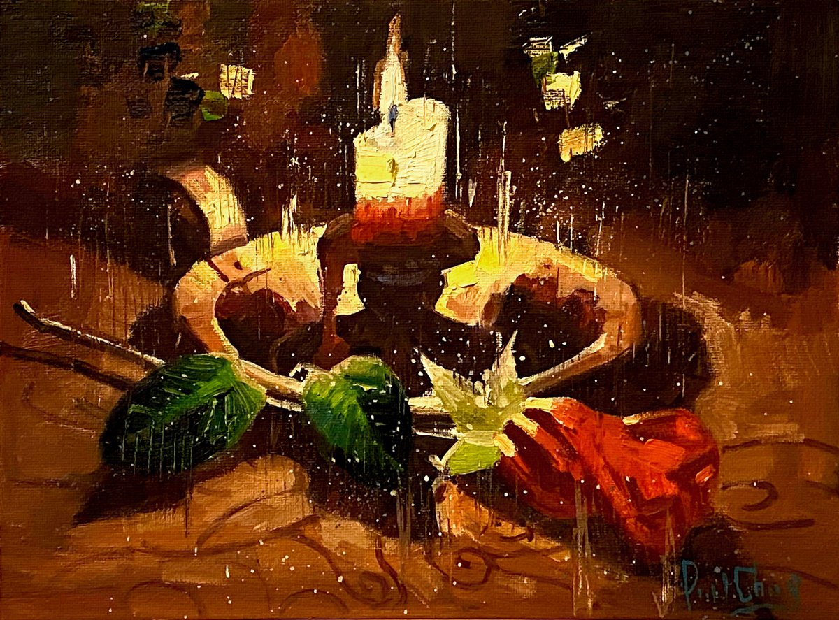 Impressionistic Cityscapes Oil Painting By Paul Cheng, 12 X 9", Candle And Rose, Original Artwork