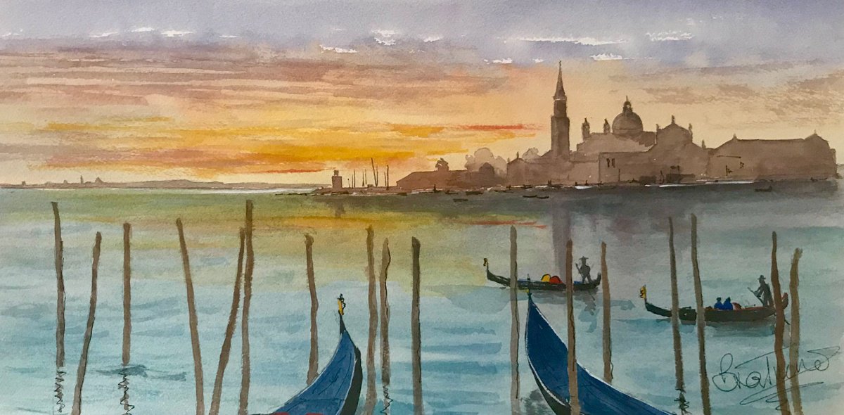 Impressionistic Landscape Watercolour By Brian Tucker, 18 X 9, Venice, Original Artwork