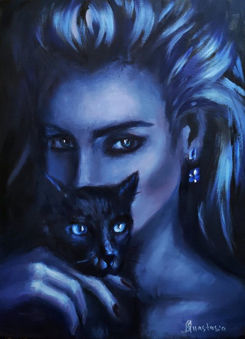 Woman Portrait Cat Navy Blue Twin Souls Mystic Art Totem Animals by Anastasia Art Line