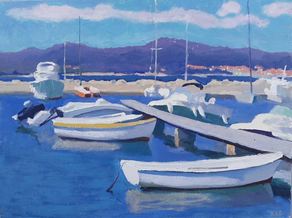 Impressionistic Landscape Oil Painting By Vasyl Koval, 16 X 12", Boats, Original Artwork